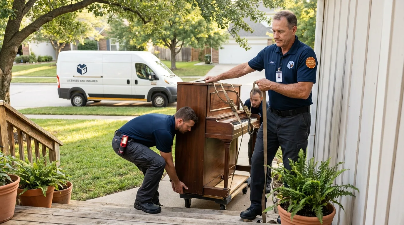 Licensed piano movers securing grand piano in Jemez Pueblo, NM