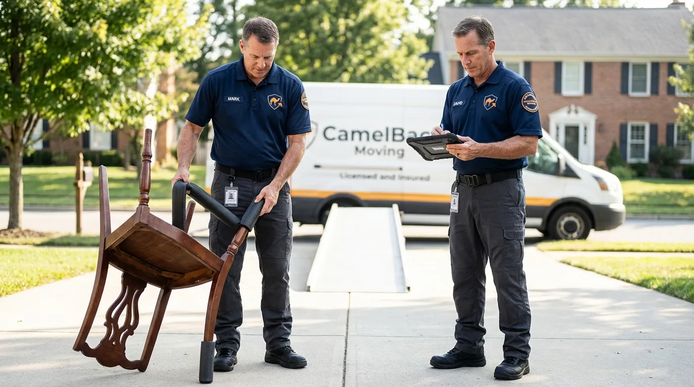 Movers inspecting furniture for damage prevention before loading in Jemez Pueblo, NM