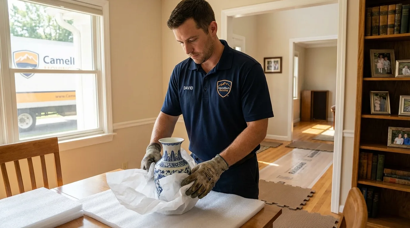 Professional crew carefully wrapping antique vase for senior downsizing move in Jemez Pueblo, NM