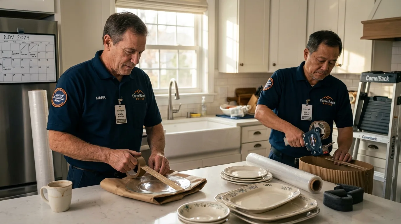 Professional crew packing kitchen dishware in Jemez Pueblo, NM